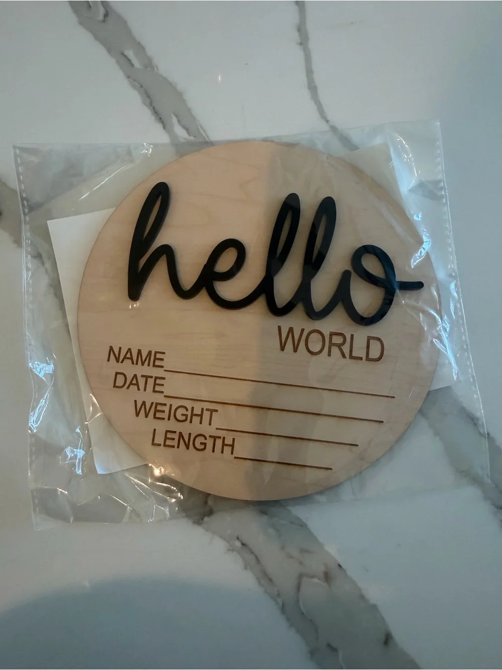 NWT Hello World Newborn Milestone Plaque - Natural Wood with Black Script
